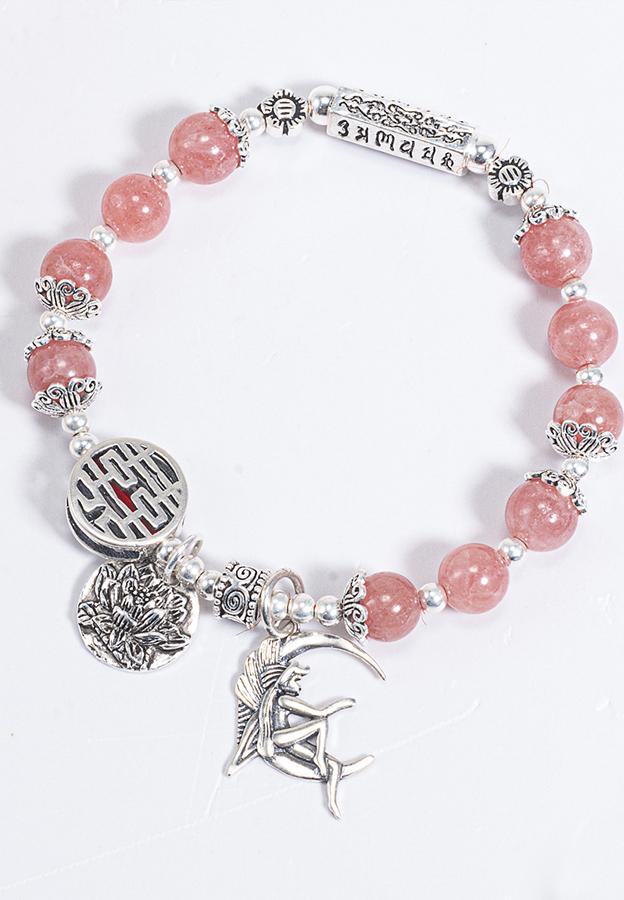 Vòng Tay Phong Thủy Đá Rhodochrosite Phối Charm Hoa Sen Bạc  Mệnh Hỏa, Thổ Ngọc Quý Gemstones