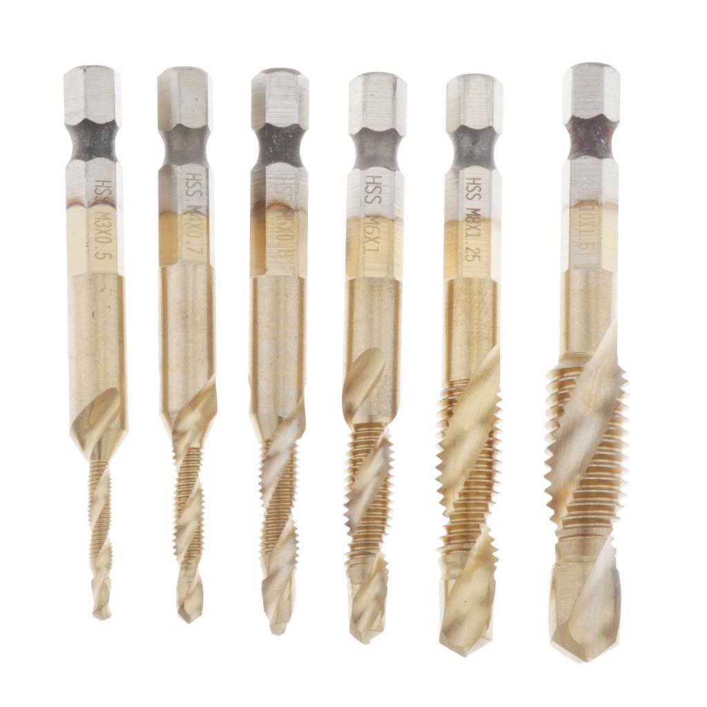Set of 6 HSS Steel Combination Drill and Tap Bit Set with 1/4 inch Hex Shank - Metric M3 M4 M5 M6 M7 M8 M10