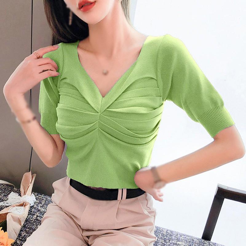 Áo Thun Tay Ngắn Cổ Chữ V Màu Trơn Thiết Kế Đơn Giản Thời Trang Dành Cho Nữ