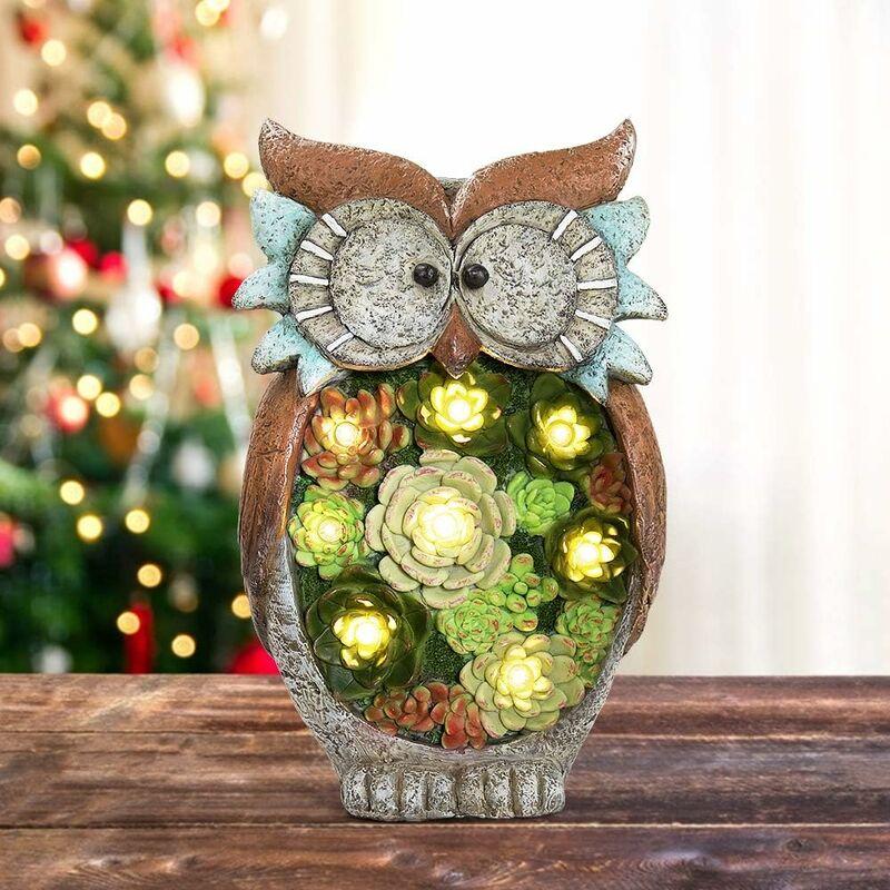 Đèn năng lượng mặt trời Resin Solar Resin Owls Đèn động vật tượng bên ngoài Đèn Owls Trang trí cho lối vào vườn 27 15cm màu nâu xám 1pc