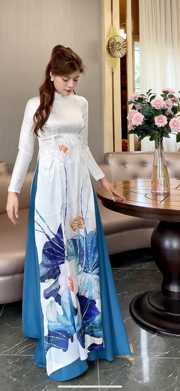 SÉT ÁO DÀI VẢI GẤM IN HOA SEN KÈM QUẦN