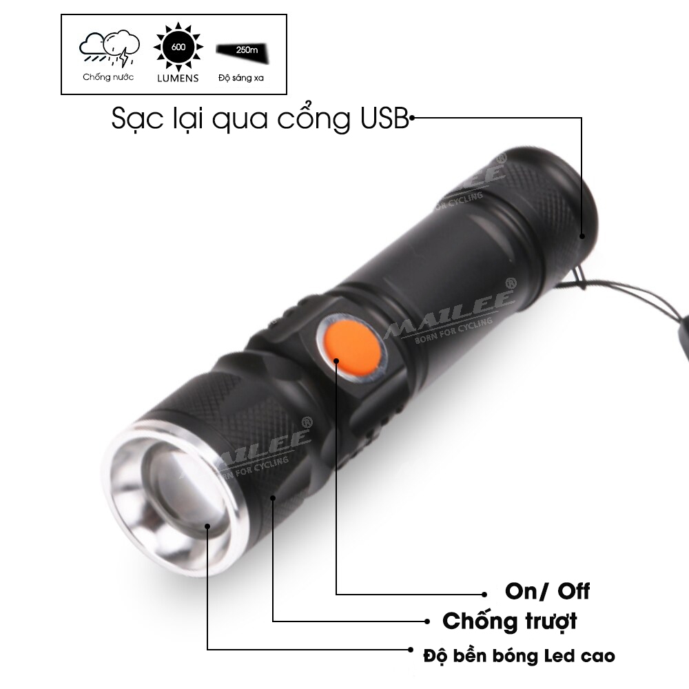Đèn xe đạp JY-515 cho xe đạp độ sáng 600 lumens có zoom chất liệu nhôm (đã gồm kẹp đèn pin) bóng LED T6 10w - Mai Lee