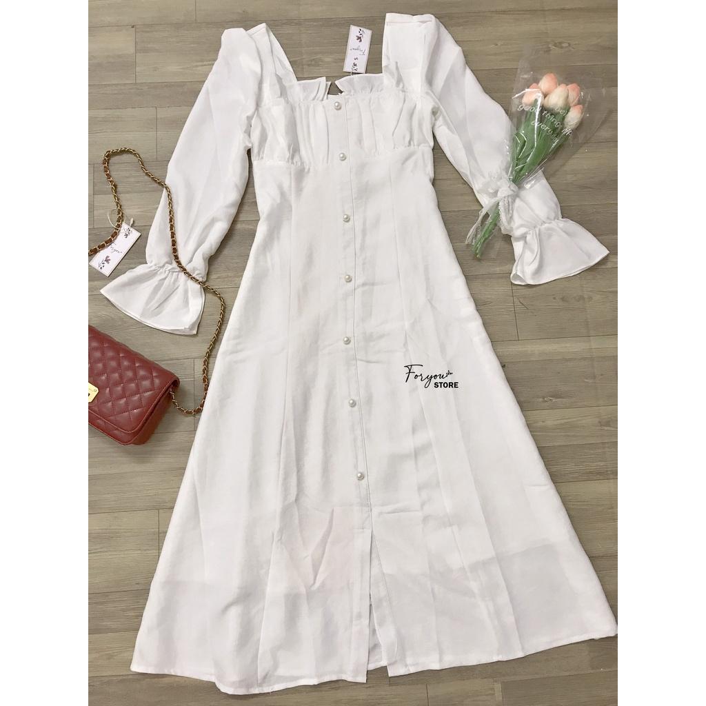 Váy đầm trắng dài nhún ngực FORYOU đầm tay dài mặc đi tiệc, đám cưới - Mia Dress