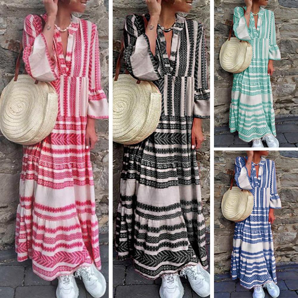 Women Dress Beach Wear Printed V Neck Long Sleeves Party Bohemian Casual Long Dresses