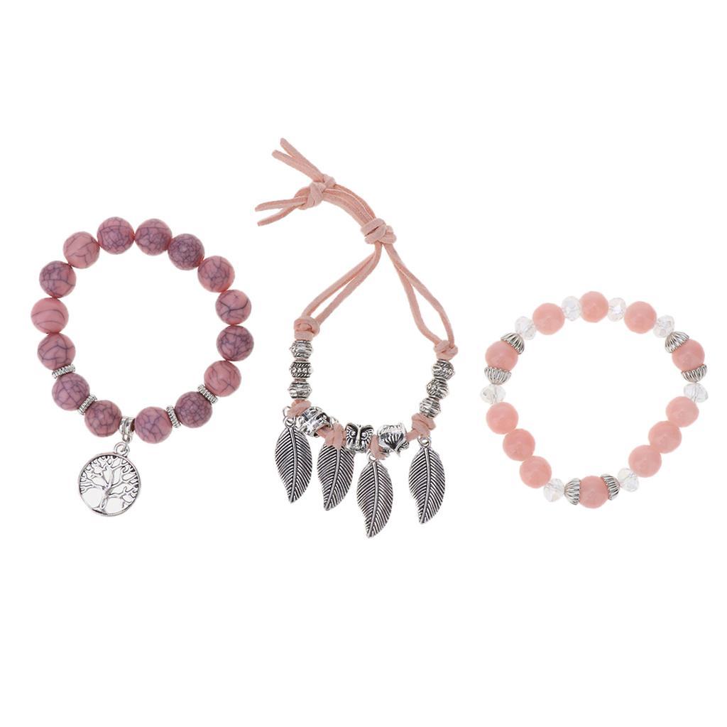 Glass Bracelet Multilayer Leaf Bangle Beads Vintage Design Chain Pink