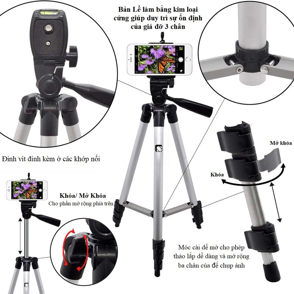 Giá Đỡ 3 Chân Máy Chụp Ảnh TF-3110 Tặng Miếng Kẹp Điện Thoại Gậy 3 Chân Livestream, Quay Tiktok, Chụp Ảnh