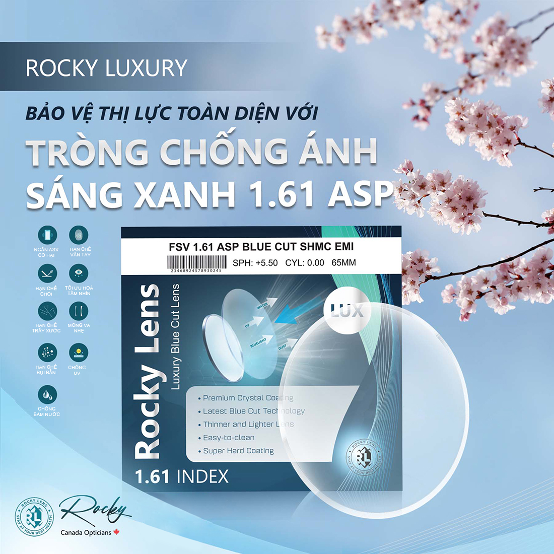 Tròng Kính Rocky Luxury Bluecut 1.61 ASP Chống Ánh Sáng Xanh