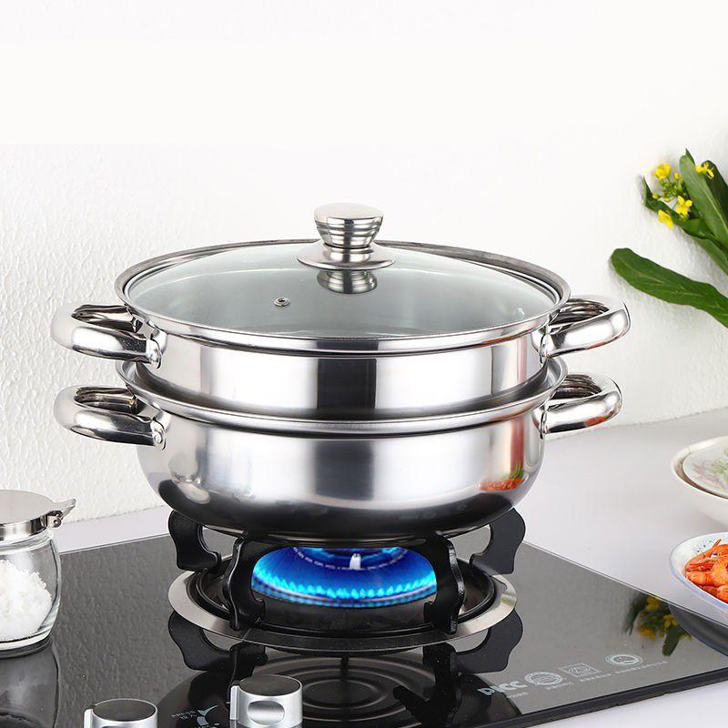 Nồi lẩu kiêm nồi hấp bánh bao xôi 2 tầng inox nắp thủy tinh cao cấp