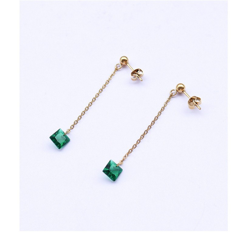 Bông Tai Chuỗi Dài 1 Viên Đá Xanh Lá Thép Titan Ko Rỉ TT 3600