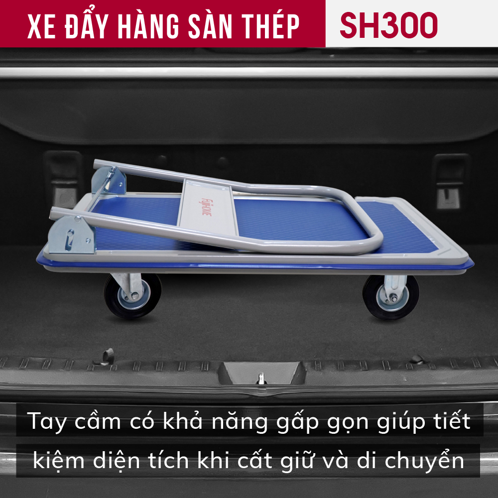 Xe đẩy hàng 4 bánh gấp gọn 250kg sàn thép nhập khẩu FUJIHOME SH300,, bánh xe chống ồn