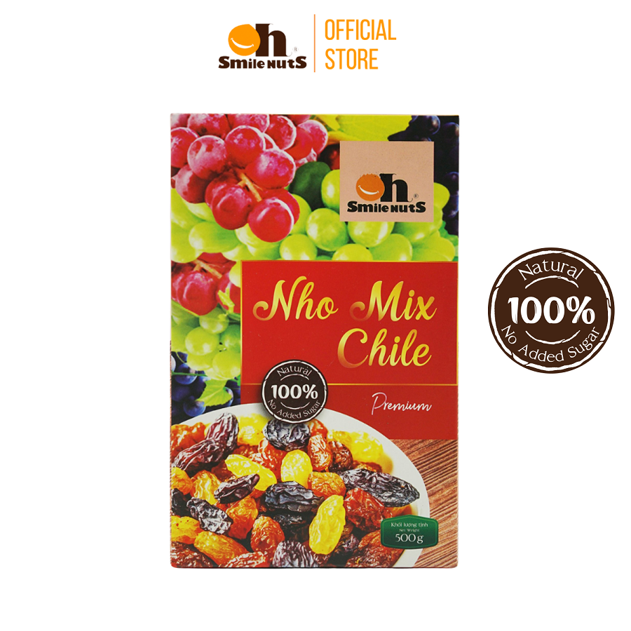 Nho Khô Mix Không Hạt Smile Nuts Hộp 500g - Nhập khẩu từ Chile (nho khô hỗn hợp gồm nho đen, nho đỏ và nho vàng)