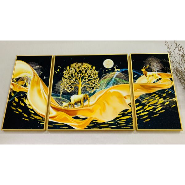 Bộ 3 tranh treo tường ép lụa kim sa tặng khung và đinh 3 chân - tranh treo tường phòng khách - phòng ngủ - khach sạn - nhà hàng