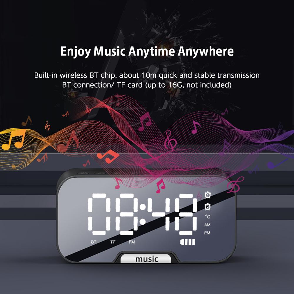 Đồng hồ báo thức mặt gương kỹ thuật số với loa bluetooth, đài FM, màn hình hiển thị nhiệt độ
