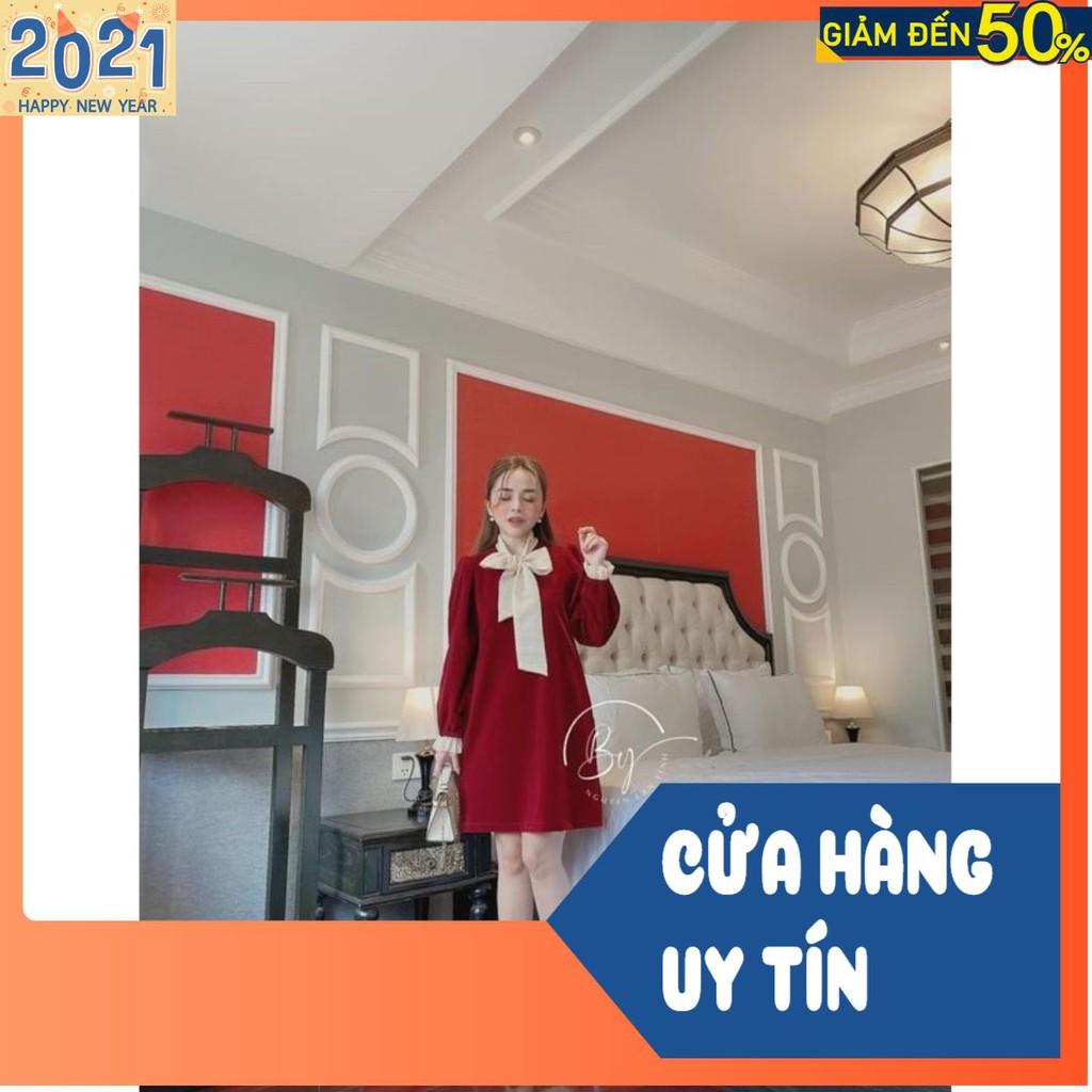 VÁY NHUNG SUÔNG CỔ BUỘC NƠ ĐÍNH NGỌC