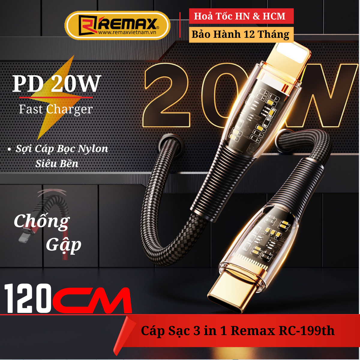 Dây sạc nhanh 20w dài 1,2m chính hãng Remax C061 sạc nhanh 20w chuẩn PD cho 8 Plus đến 14 Pro max - Hàng Chính Hãng Remax Lỗi 1 Đổi 1