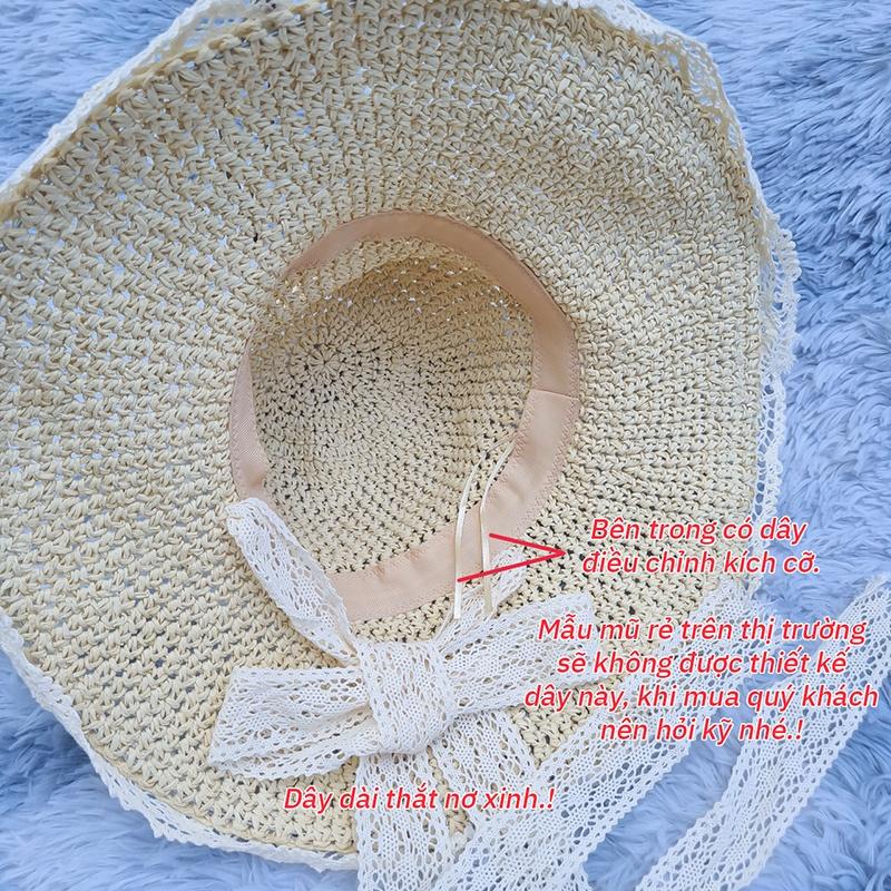 Mũ nón cói nữ đi biển vành rộng thời trang cao cấp tiểu thư có dây buộc - TB7
