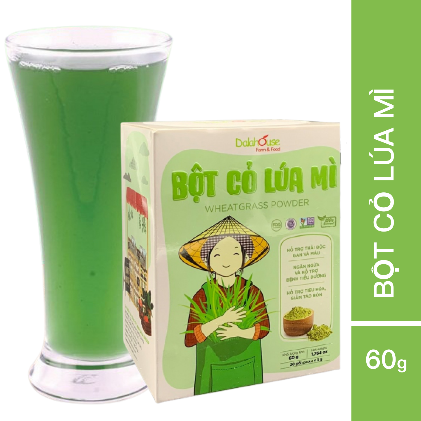 Bột cỏ lúa mì Dalahouse Hộp 60g Nguyên chất sấy lạnh - Tốt cho tim mạch - Đạt chuẩn Châu Âu