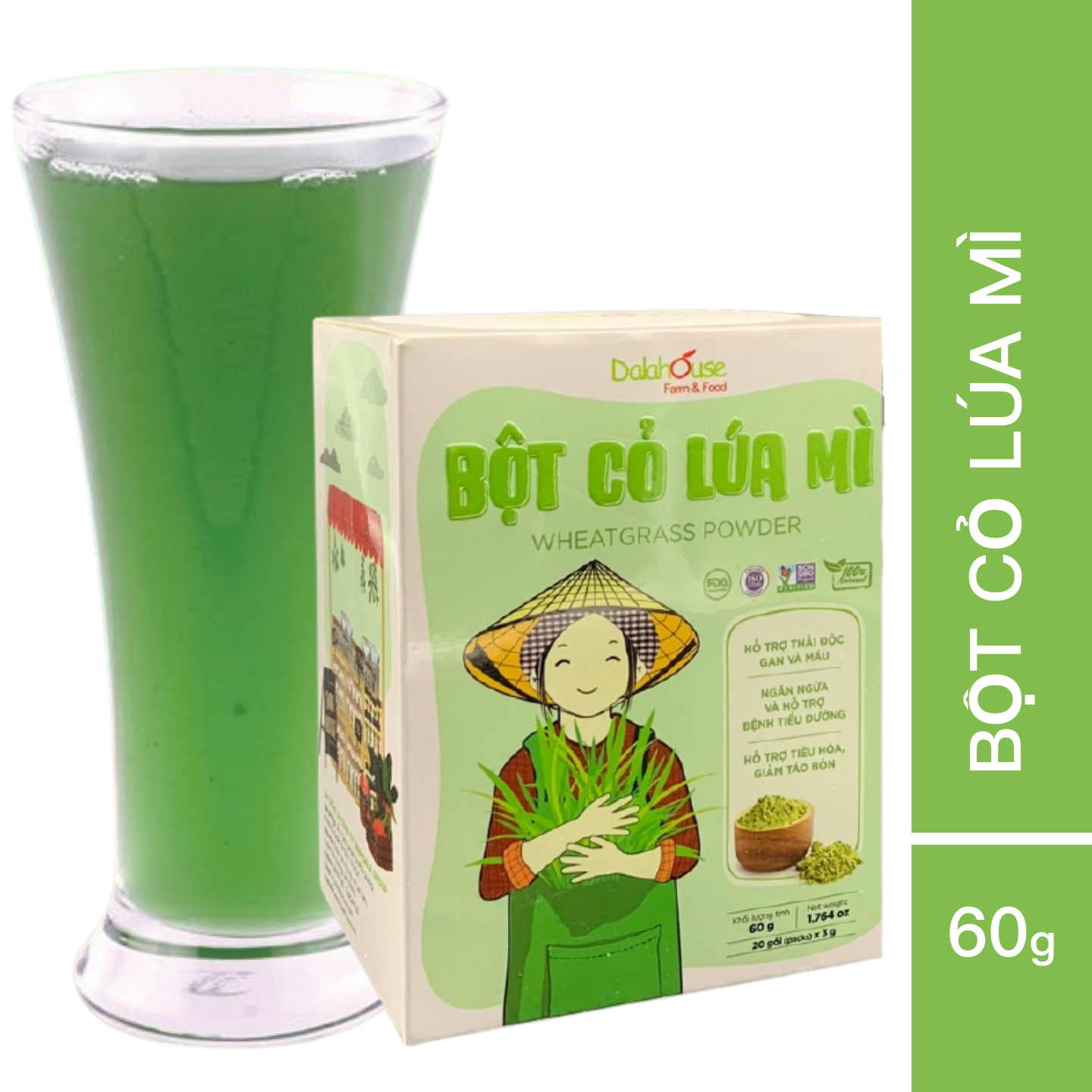 Bột cỏ lúa mì Dalahouse Hộp 60g (Mẫu mới gồm 20 tuýp tiện dụng) Nguyên chất sấy lạnh - Tốt cho tim mạch - Đạt chuẩn Châu Âu