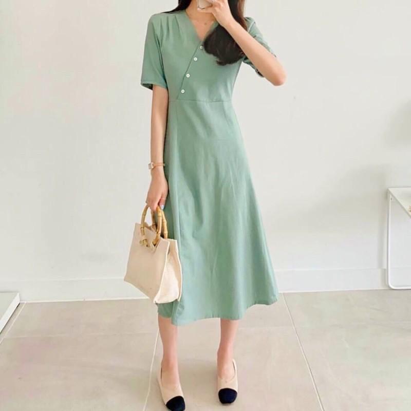 Đầm Suông Dài Xanh Mint Có Nút