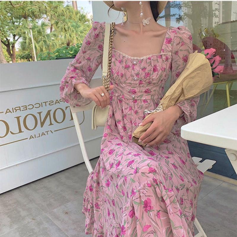 Váy hoa cổ điển Pháp mùa xuân mùa thu mới eo thon siêu cổ tích ngọt ngào TT06