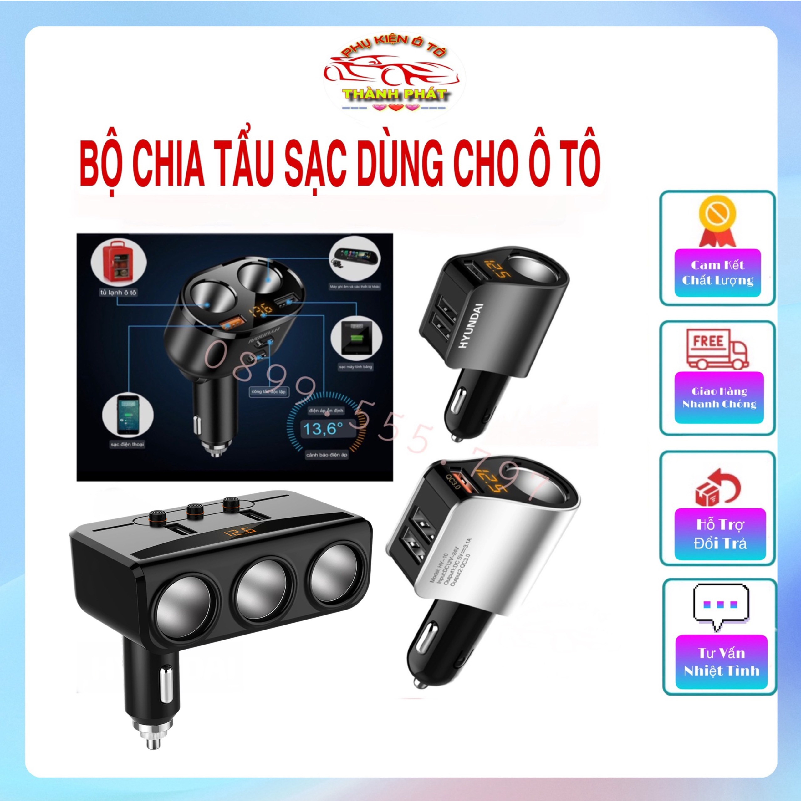 Tẩu sạc nhanh dùng trên ô tô xe hơi có đèn led báo điện áp Ác Quy