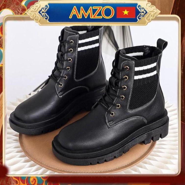 Freeship Giày bốt cổ thấp Martin cho nữ, boots cổ thấp có dây màu đen cổ tròn phối len