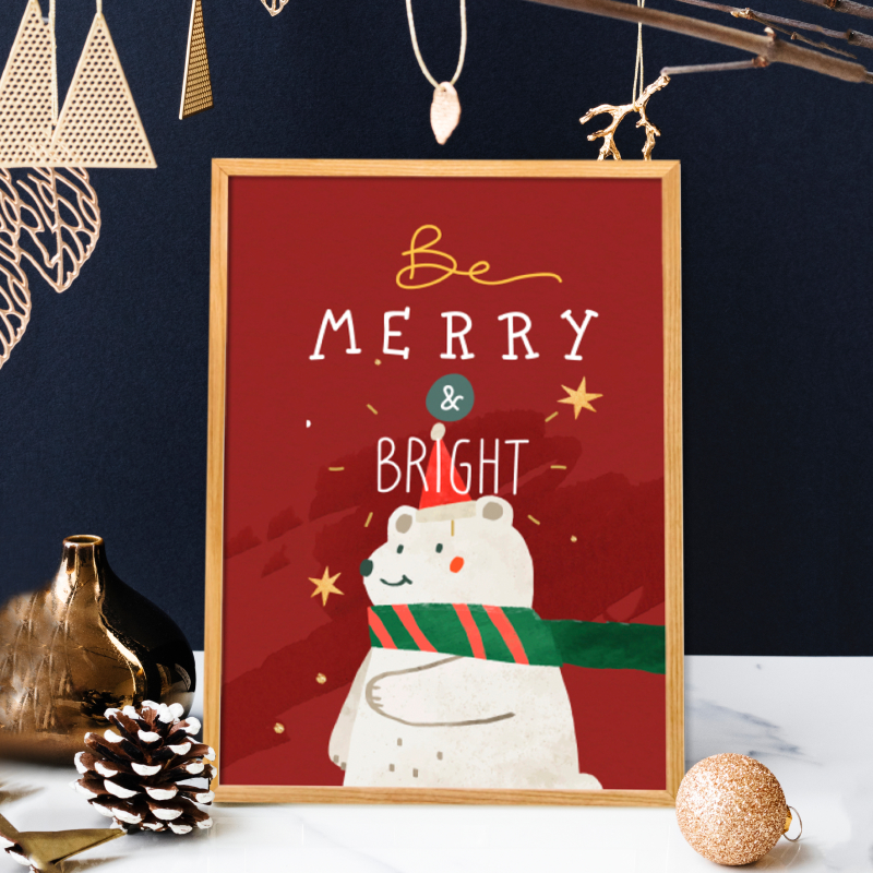 Tranh quà tặng Giáng Sinh trang trí khung kính gỗ sồi treo tường cao cấp&quot; Be Merry And Bright &quot;