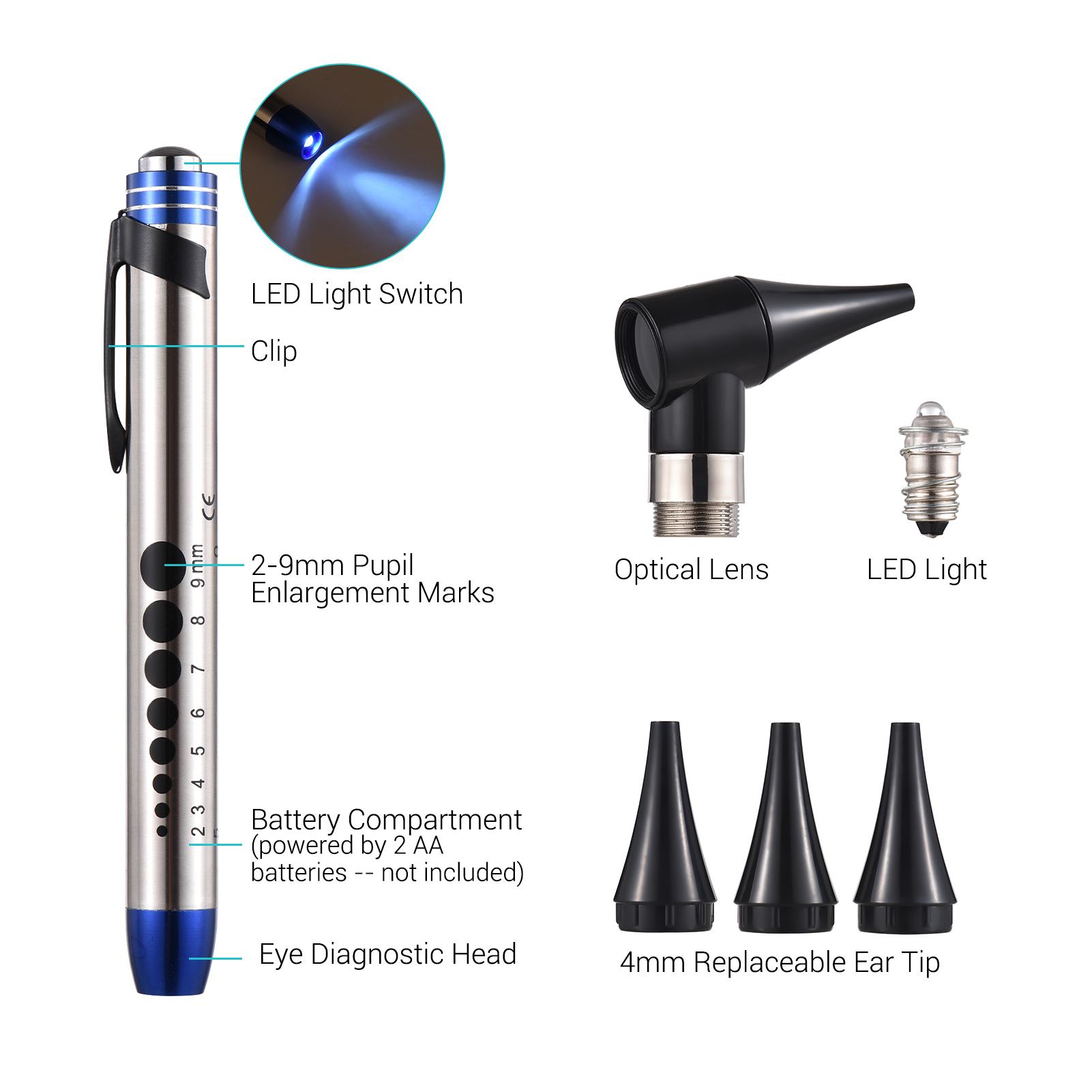 2 in 1 Otoscope and Eyes Diagnostic Tool Kit with LED Light 4mm Replaceable Ear Tips Portable Stainless Steel Handheld Optical Otoscope Ears Diagnostic Supplies