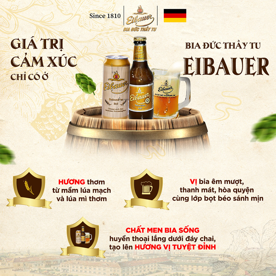 Bia Tươi Thầy Tu EIBAUER HEFEWEIZEN HELL 5.2 ĐỘ - Bia Tươi Men Sống Thượng Hạng - Nhập Khẩu