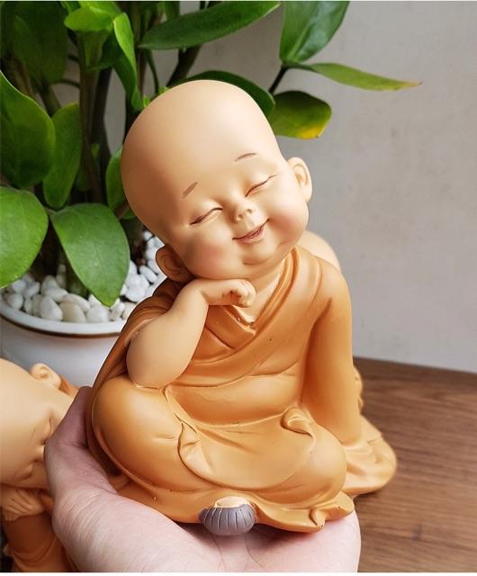 Bộ 3 chú tiểu vàng - mẫu chú tiểu áo nâu ngồi 13,5cm