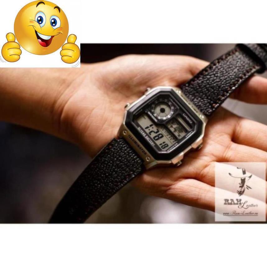 (TẶNG KHÓA+CÂY THAY DÂY+CHỐT)DÂY ĐỒNG HỒ DÀNH CHO CASIO AE1200/SEIKO5 DA BÒ THẬT 1956 THÉP .