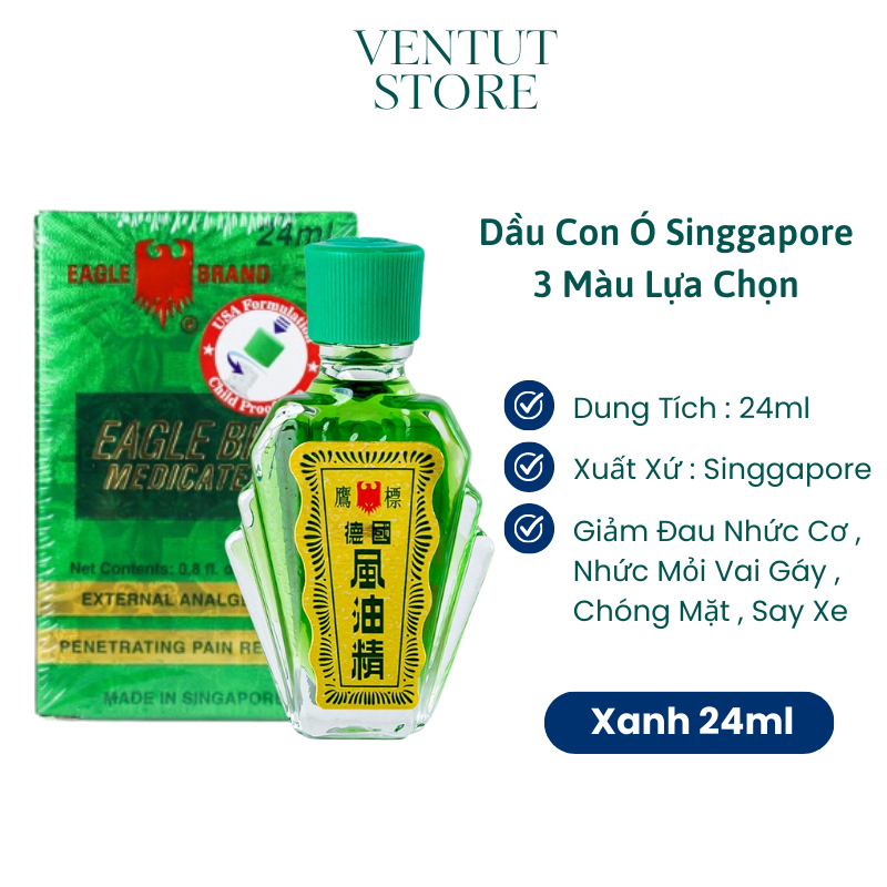 Dầu Gió Con Ó Singapore Xanh - Trắng - Vàng Chai 24ml