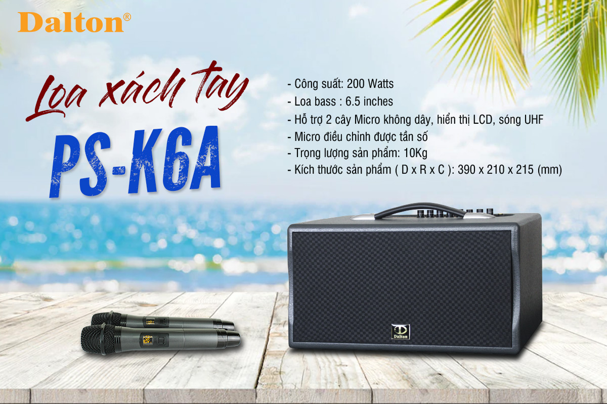 Loa karaoke di động Dalton PS-K6A công suất 200W, PIN 5 giờ, kích thước nhỏ gọn, tiện lợi [HÀNG CHÍNH HÃNG]-Bảo hành 1 năm