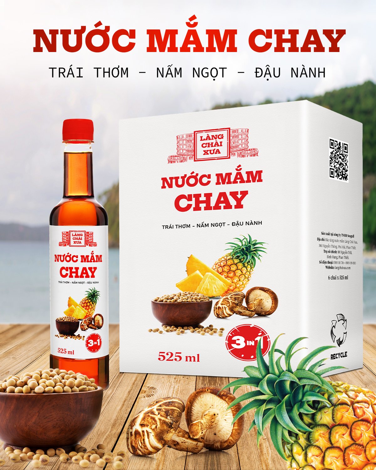 Đặc Sản Phan Thiết - Nước Mắm Chay 3 Trong 1 Làng Chài Xưa (01 Chai) 525Ml Trái Thơm Nấm Ngọt Đậu Nành 300 Năm Truyền Thống