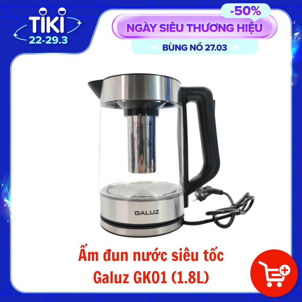 Ấm đun nước siêu tốc Galuz GK 01, dung tích 1.8L, công suất 1500W, bình thủy tinh trong suốt chịu nhiệt, chia vạch rõ nét, hàng chính hãng