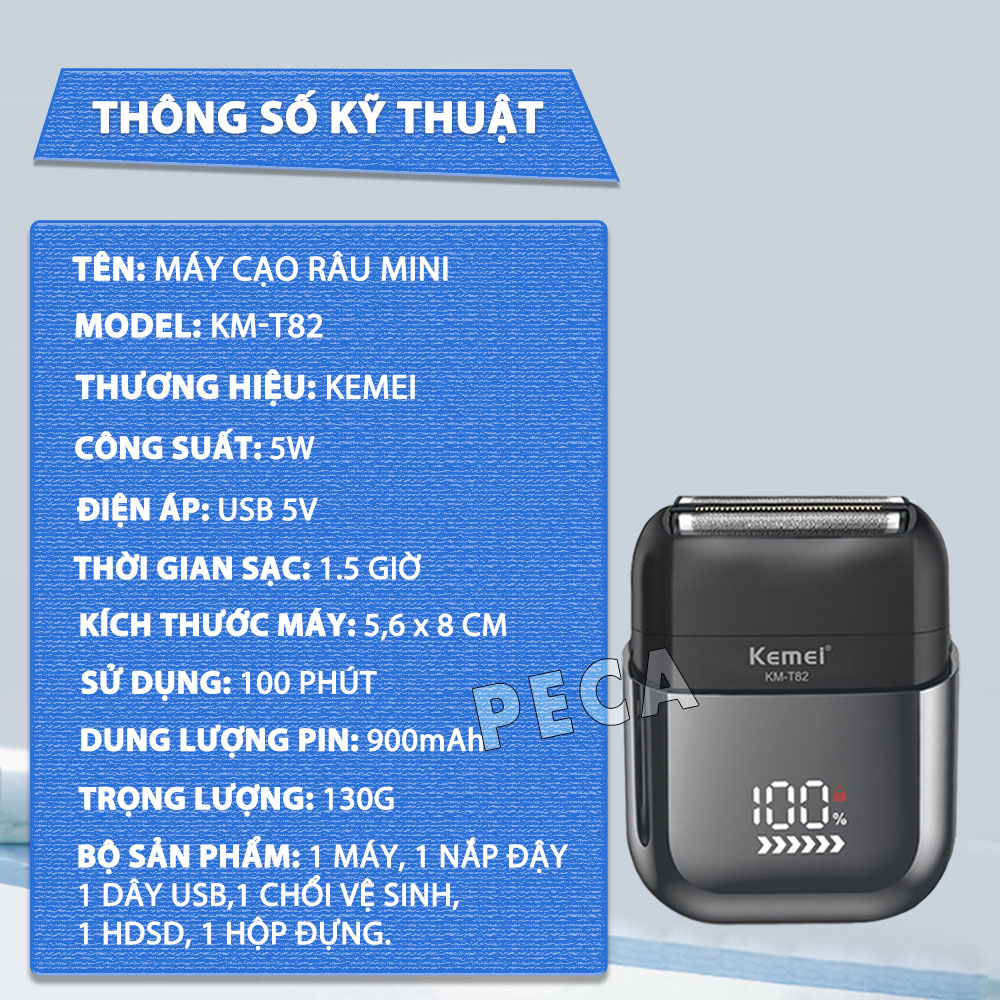 Máy cạo râu mini lưỡi kép Kemei KM-T82 màn hình LCD, công suất 5w mạnh mẽ cảm biến râu thông minh - Hàng chính hãng