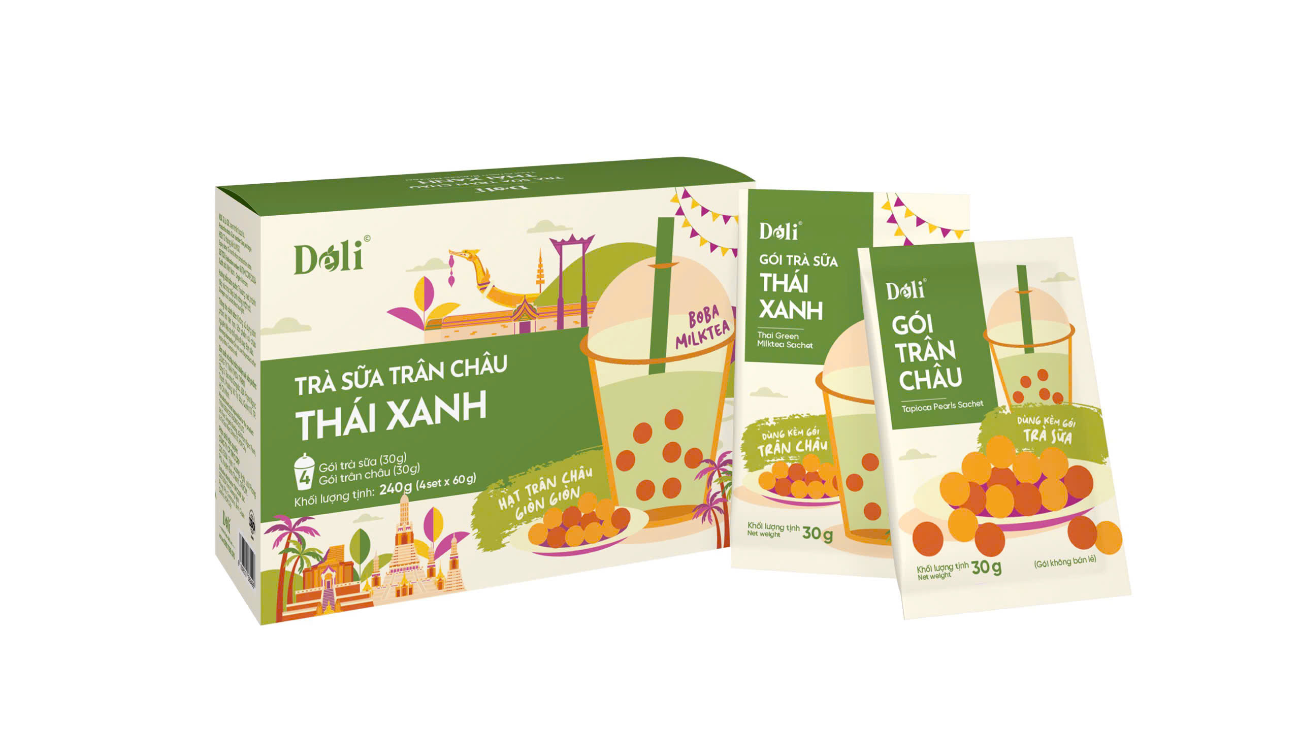 Bột pha chế trà sữa Trán Châu 3in Thái xanh - Hộp 240gr, pha chế tiện lợi, nhanh chóng