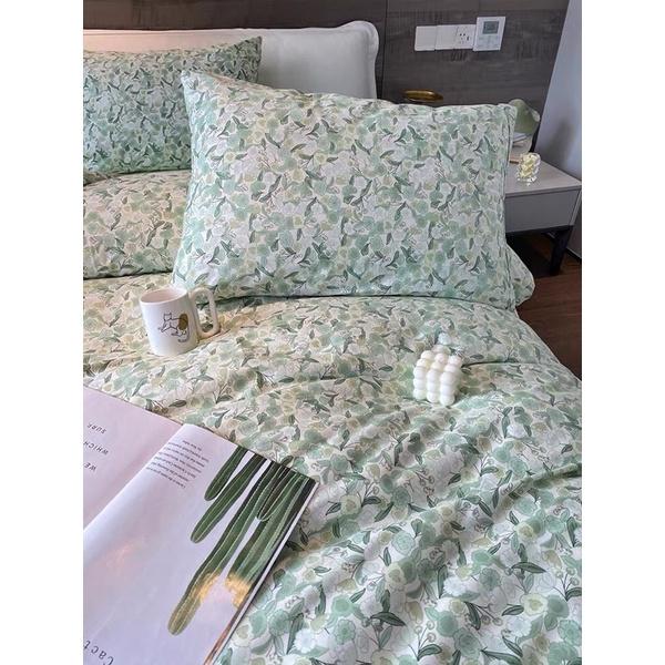 Bộ Chăn Ga gối Cotton Living 100%cotton Hàng Nhập Khẩu Cao Cấp 4 Món Mẫu Xanh Lá