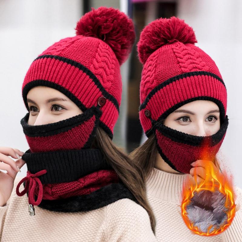 3 Mùa Đông Trẻ Em Bò Mũ Khăn Miệng Nạ Đắp Mặt Dệt Kim Bò Ấm Trang Trượt Tuyết Ngoài Trời Mũ Pompom Bé Gái Bé Trai trẻ Em Mặt Giữ Ấm