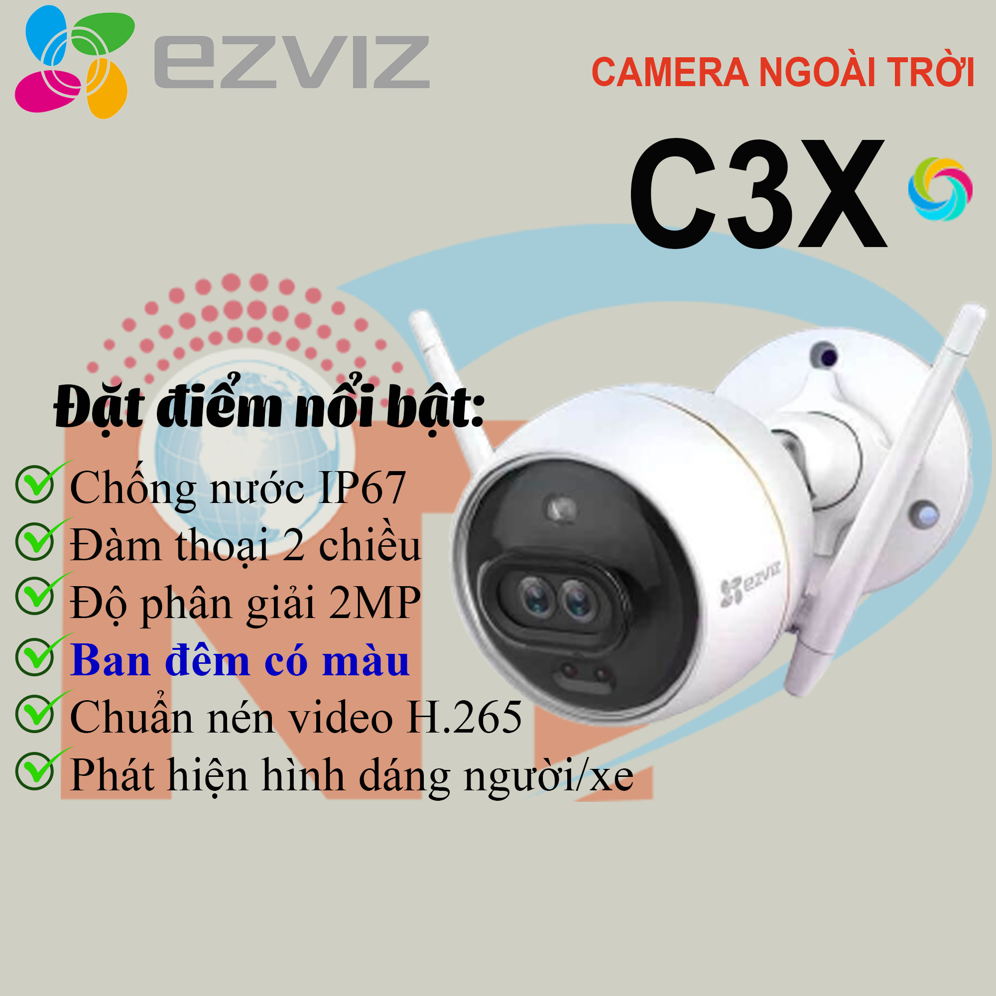 Camera EZVIZ C3X 1080P, WIFI, Chống Nước IP67, Ghi Gình Ban Đêm Có Màu, Tích Hợp AI, Chuẩn Nén Video H.265 - Hàng Chính Hãng