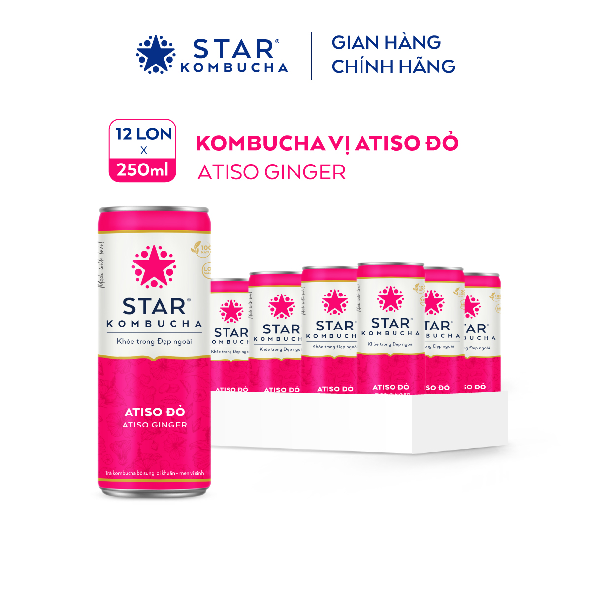 Thùng 12 lon thức uống lên men STAR KOMBUCHA  Atiso đỏ / Atiso Ginger (250ml/lon)