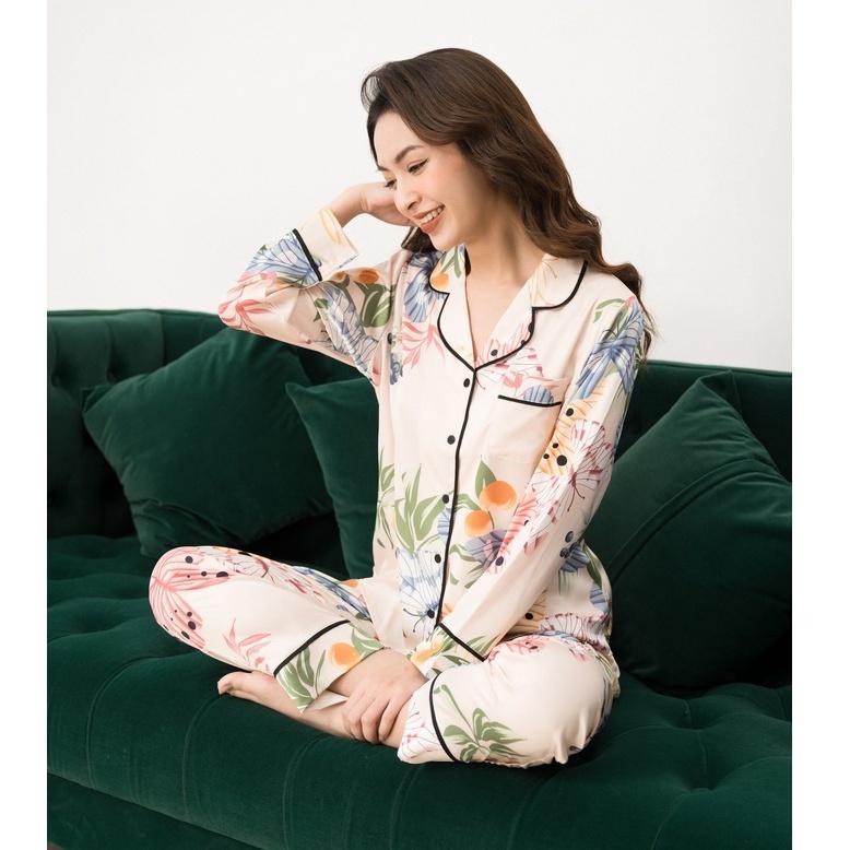 Đồ Ngủ Nữ Bộ Pijama Dài Tay Lụa Cao Cấp Mặc Nhà Họa Tiết Đẹp Mềm Mịn Thấm Hút Thoáng Mát – VADESI