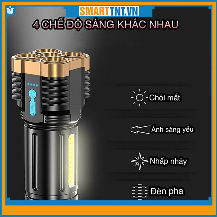 Đèn pin cầm tay tích điện siêu sáng 5 bóng led chiếu xa 200m cao cấp