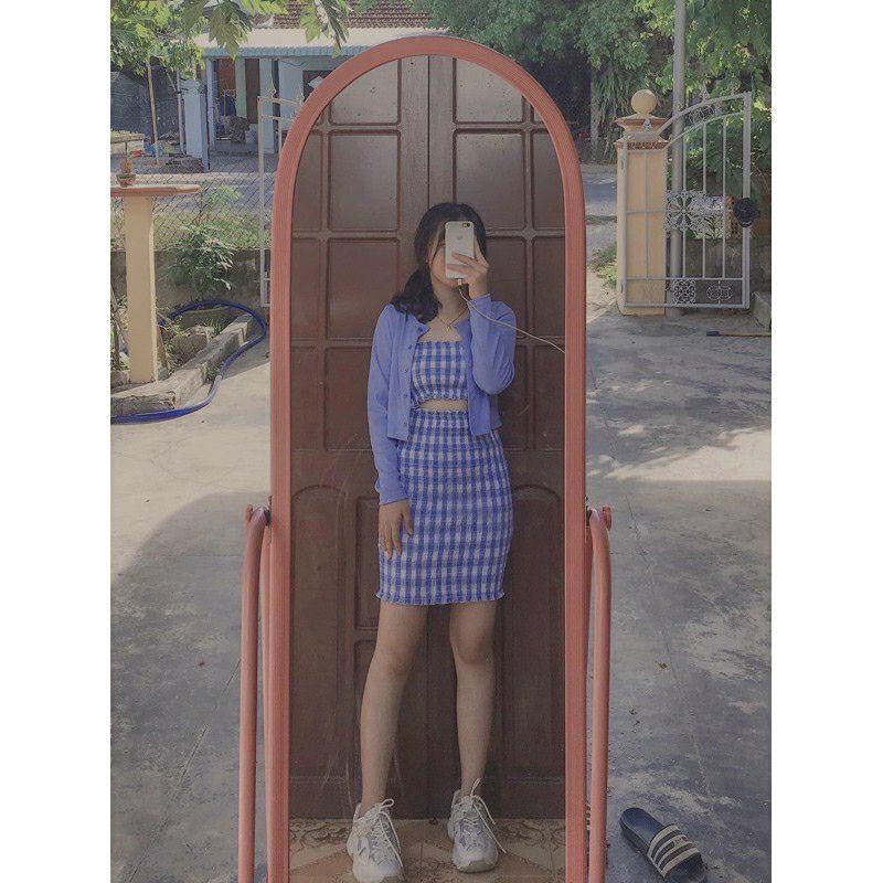 ĐẦM ỐNG CARO XANH NHÚN CHUN và ÁO KHOÁC