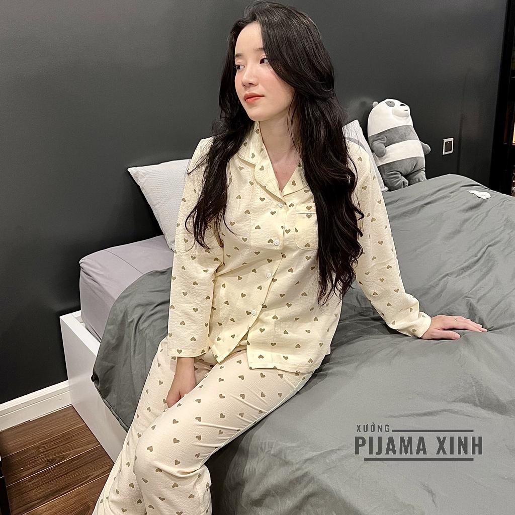 Đồ mặc nhà đũi xốp - pyjama dài tay hình trái tim chất xốp mềm thoáng thấm mồ hôii