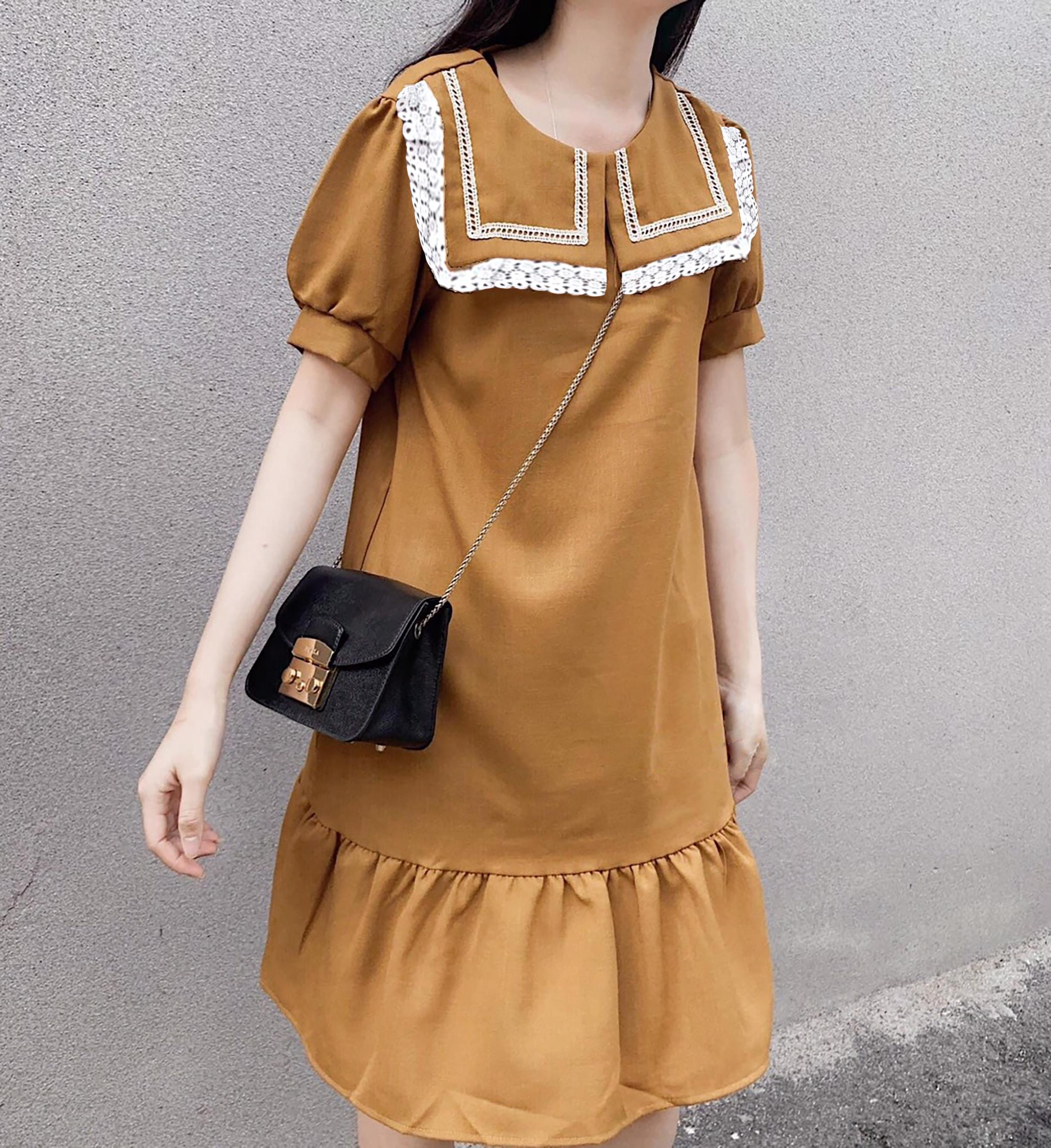 ĐẦM SUÔNG CỔ VUÔNG PHỐI REN NÂU
