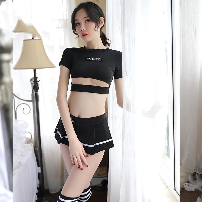 Cosplay cảnh sát sexy đen gợi cảm áo croptop váy ngủ xếp ly hóa trang nữ police hở ngực đáng yêu BIKI HOUSE N702 - HCM