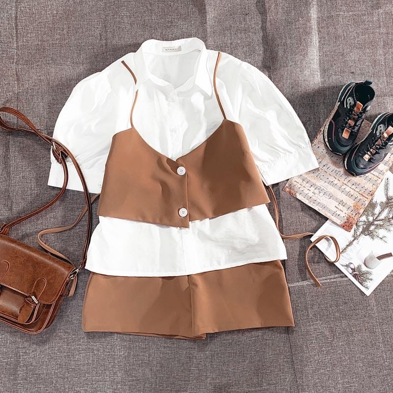 Set sơmi gile nâu-quần short