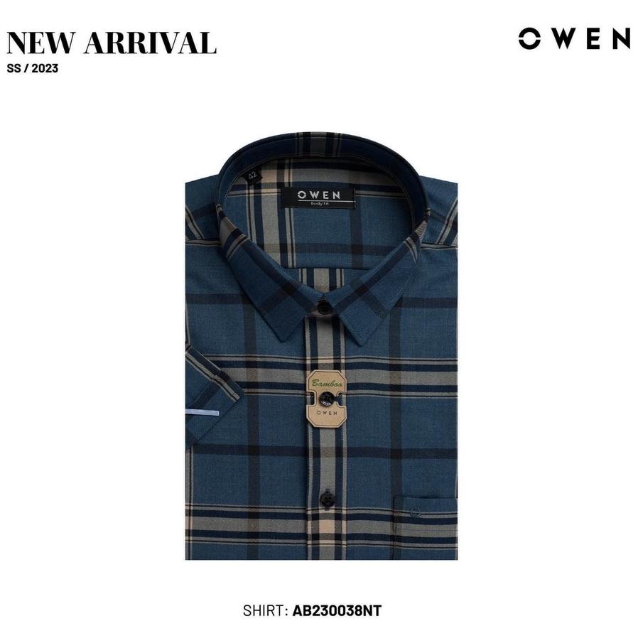 OWEN - Áo sơ mi ngắn tay Owen vạt ngang chất sợi tre 230038 kẻ ca rô xanh đậm