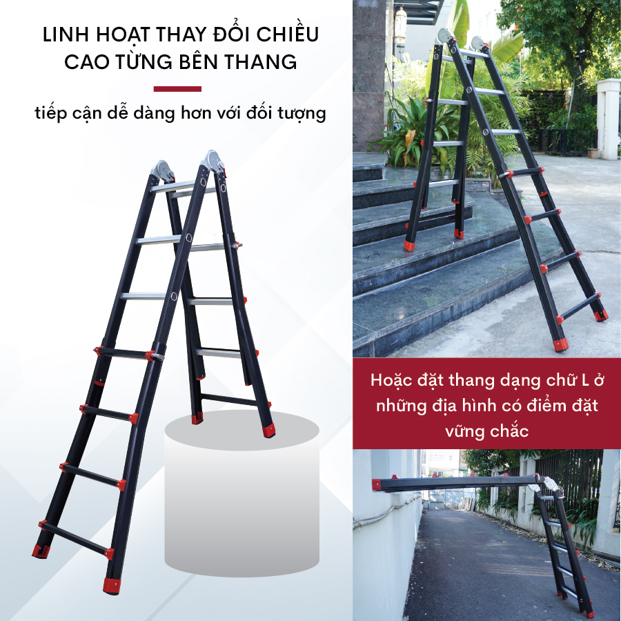 Thang nhôm gấp trượt chữ A 5.1M Black Nhập Khẩu đa năng chống trượt Black, thang gấp rút 5 bậc có khóa an toàn Multi Purpose Ladder -  Hàng nhập khẩu